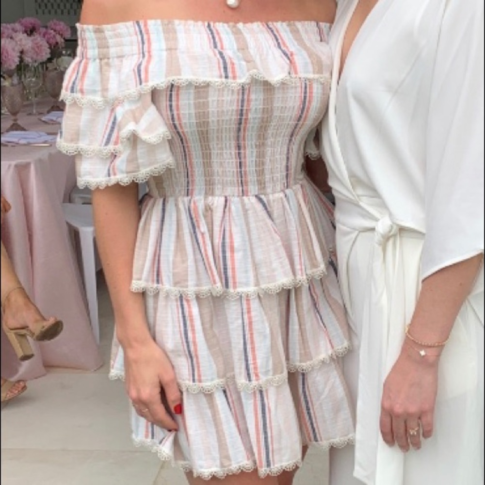 Misa Los Angeles Cream Striped Off-Shoulder Ruffle Mini Dress